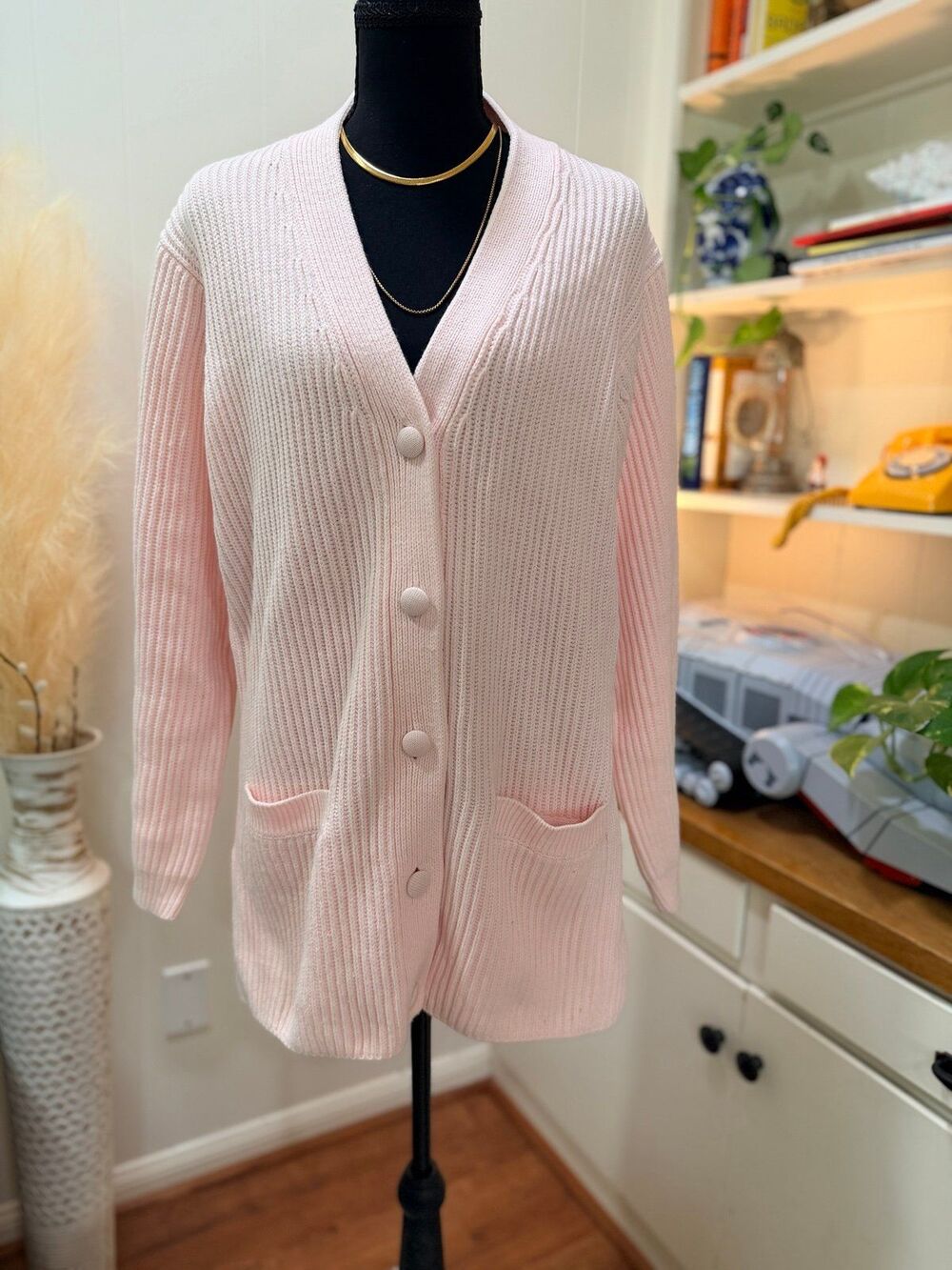 Vintage YarnWorks Pink Ribbed Button Front Cardigan Sweater M Barbiecore Y2K